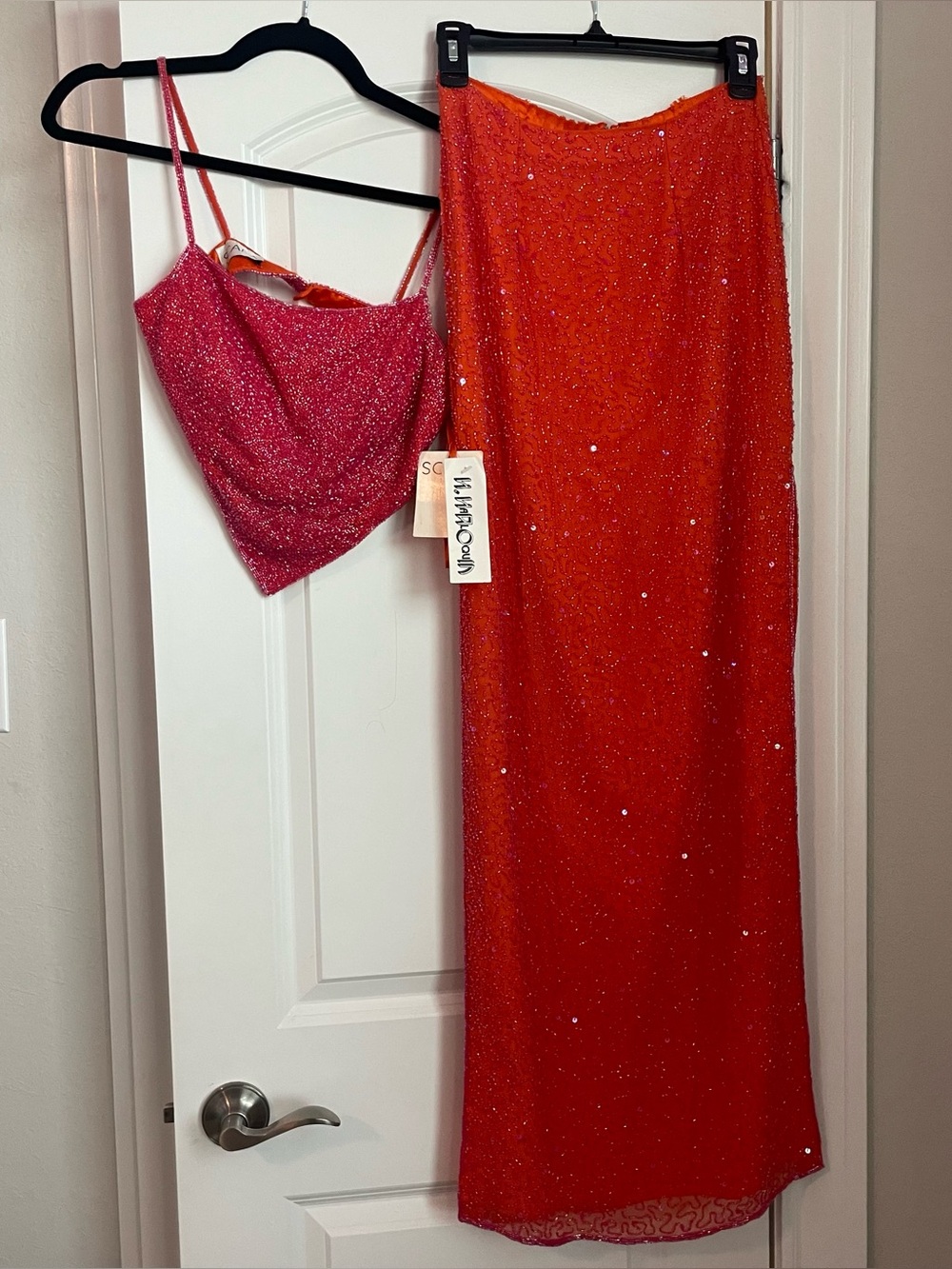 Sparkling Red-Orange Two-Piece Set - beaded Crop Top & Maxi Skirt